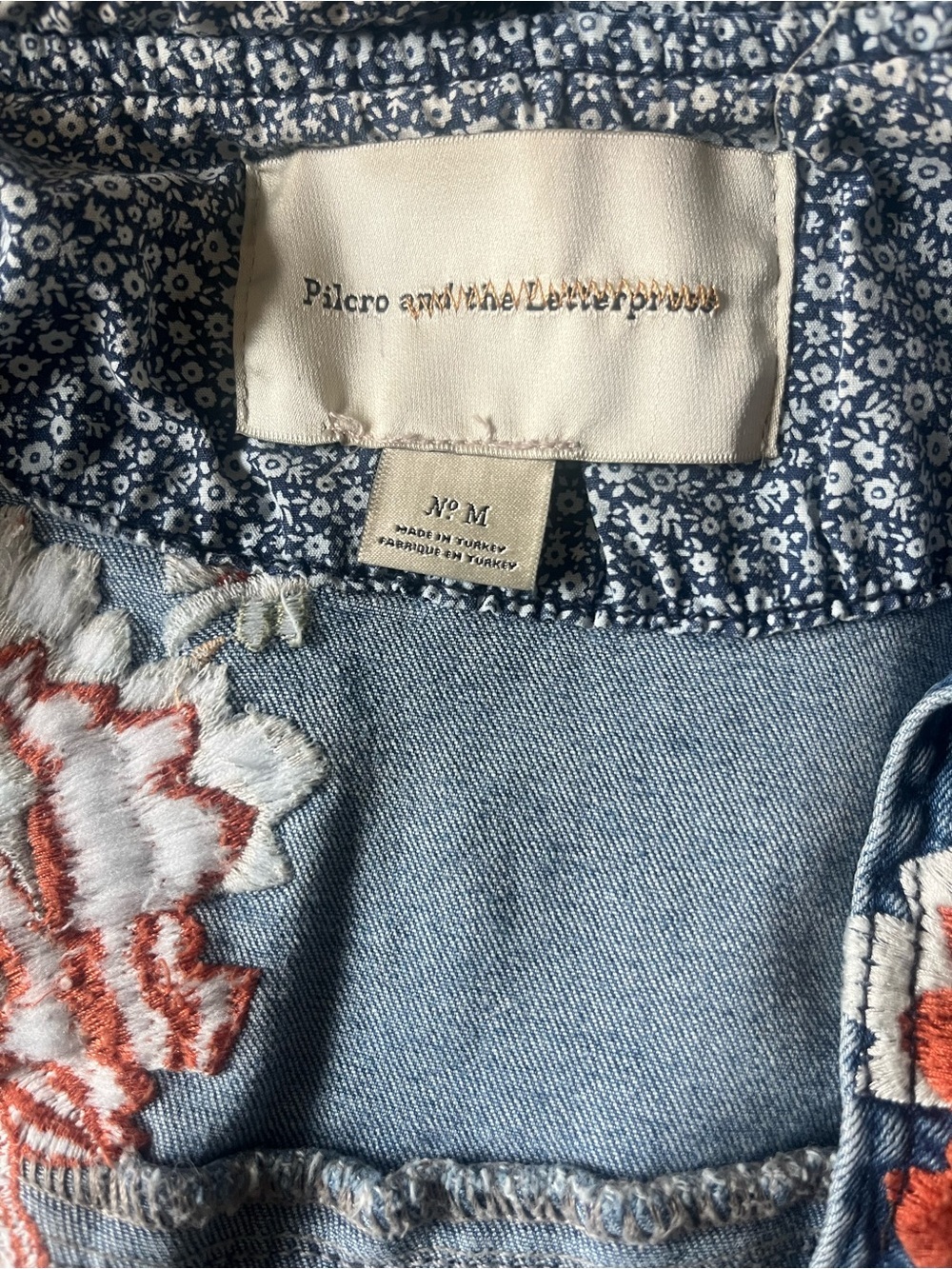 Pilcro Light Blue 100% Cotton Denim Jacket with Orange Floral Embroidery - Picture 8 of 9